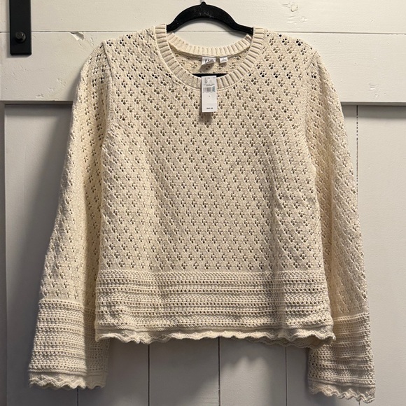 GAP Relaxed Pointelle Balloon Sleeve Sweater Cream Large L NWT NEW - Picture 2 of 14